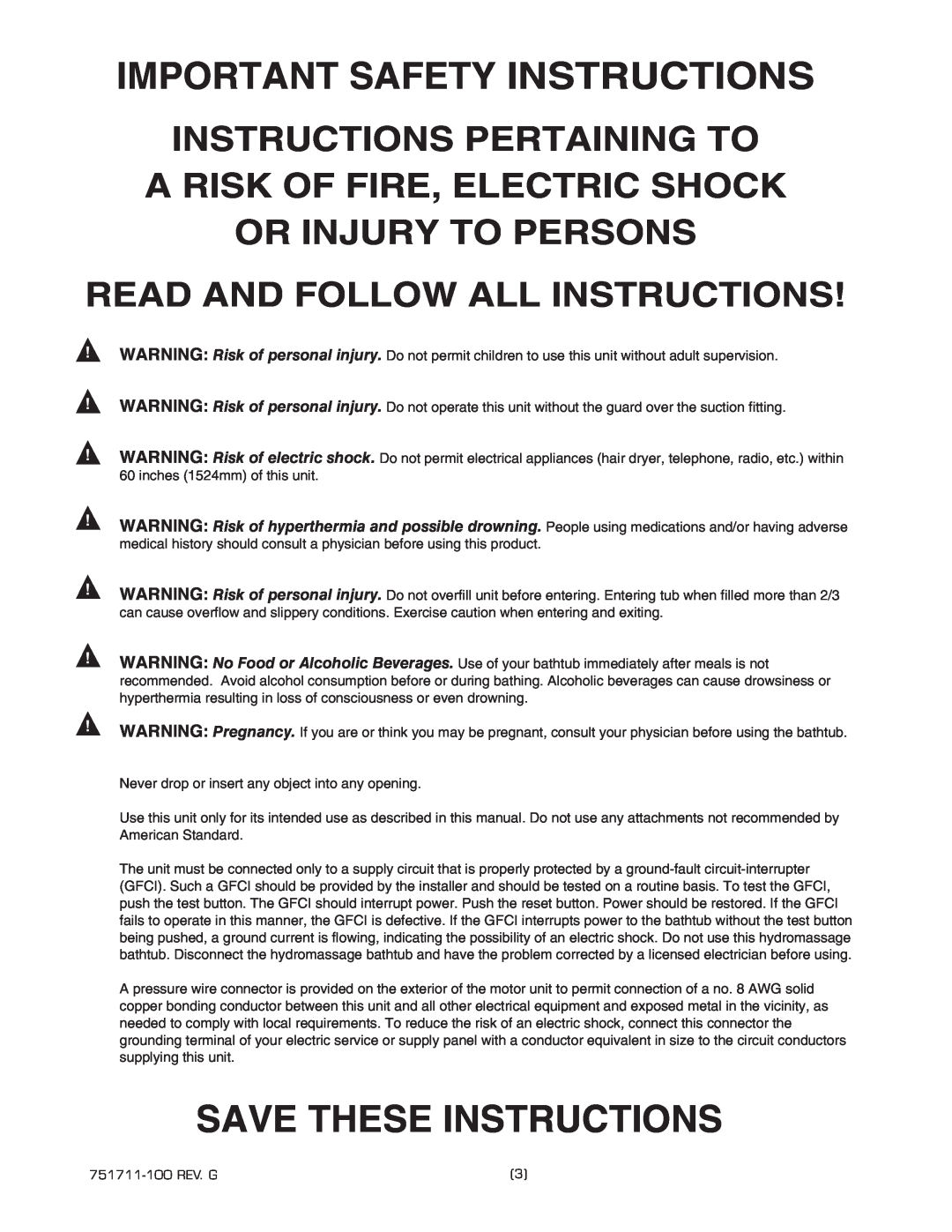 American Standard 751711-100 Important Safety Instructions, Save These Instructions, Read And Follow All Instructions 