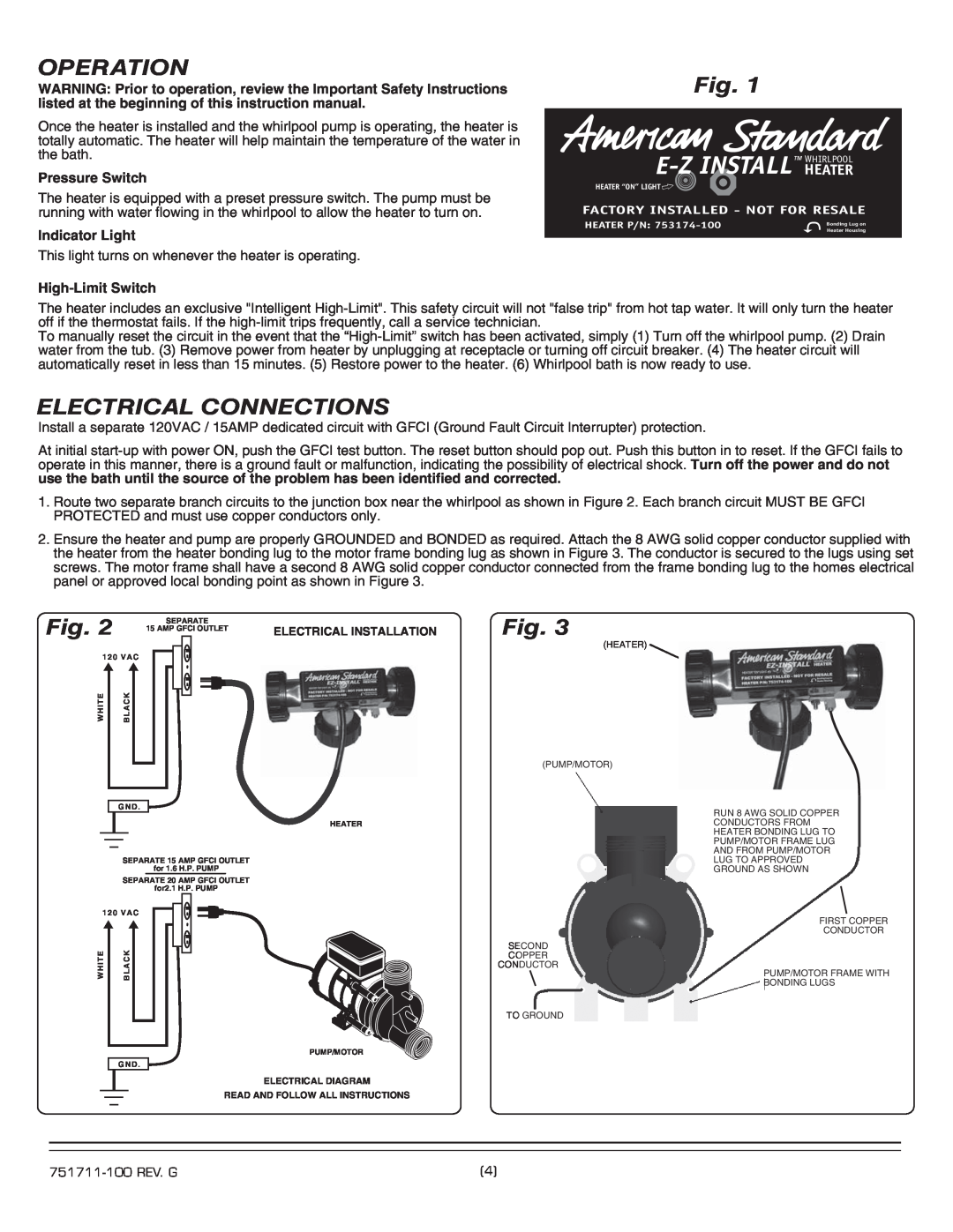 American Standard 751711-100 E-Z Install, Operation, Electrical Connections, Pressure Switch, Indicator Light 