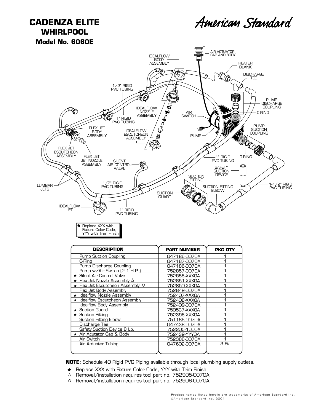 American Standard 752906-0070A, 752905-0070A manual Cadenza Elite, Whirlpool, Model No E, Description Part Number PKG QTY 