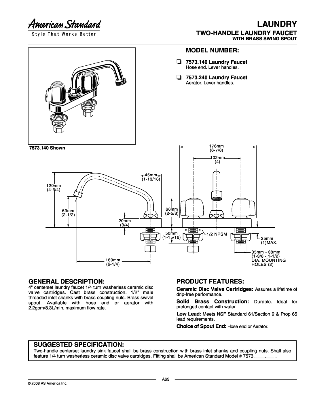 American Standard 7573.240 manual Laundry, Two-Handlelaundry Faucet, Model Number, General Description, Product Features 