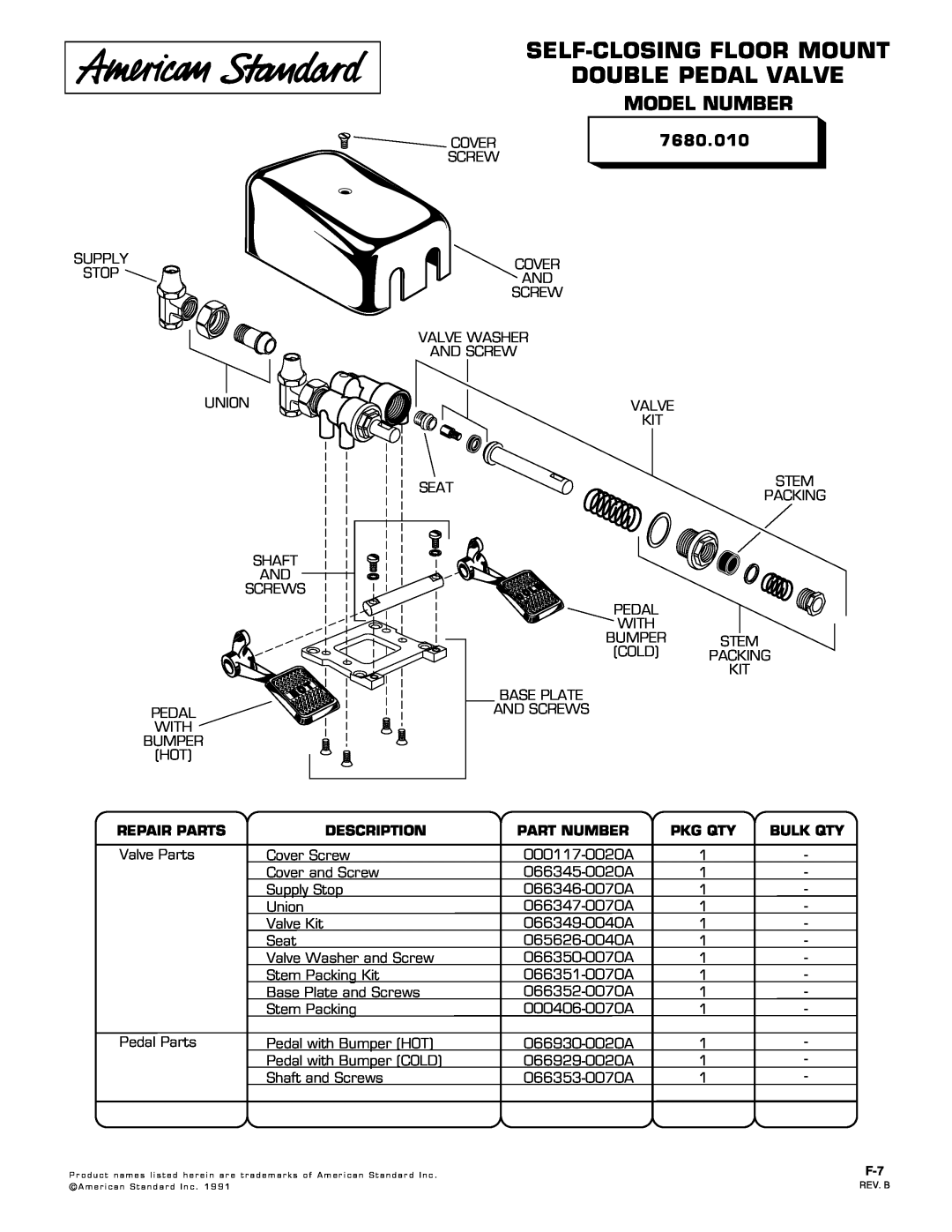 American Standard 7680.010 manual Self-Closingfloor Mount Double Pedal Valve, Model Number, Repair Parts, Description 