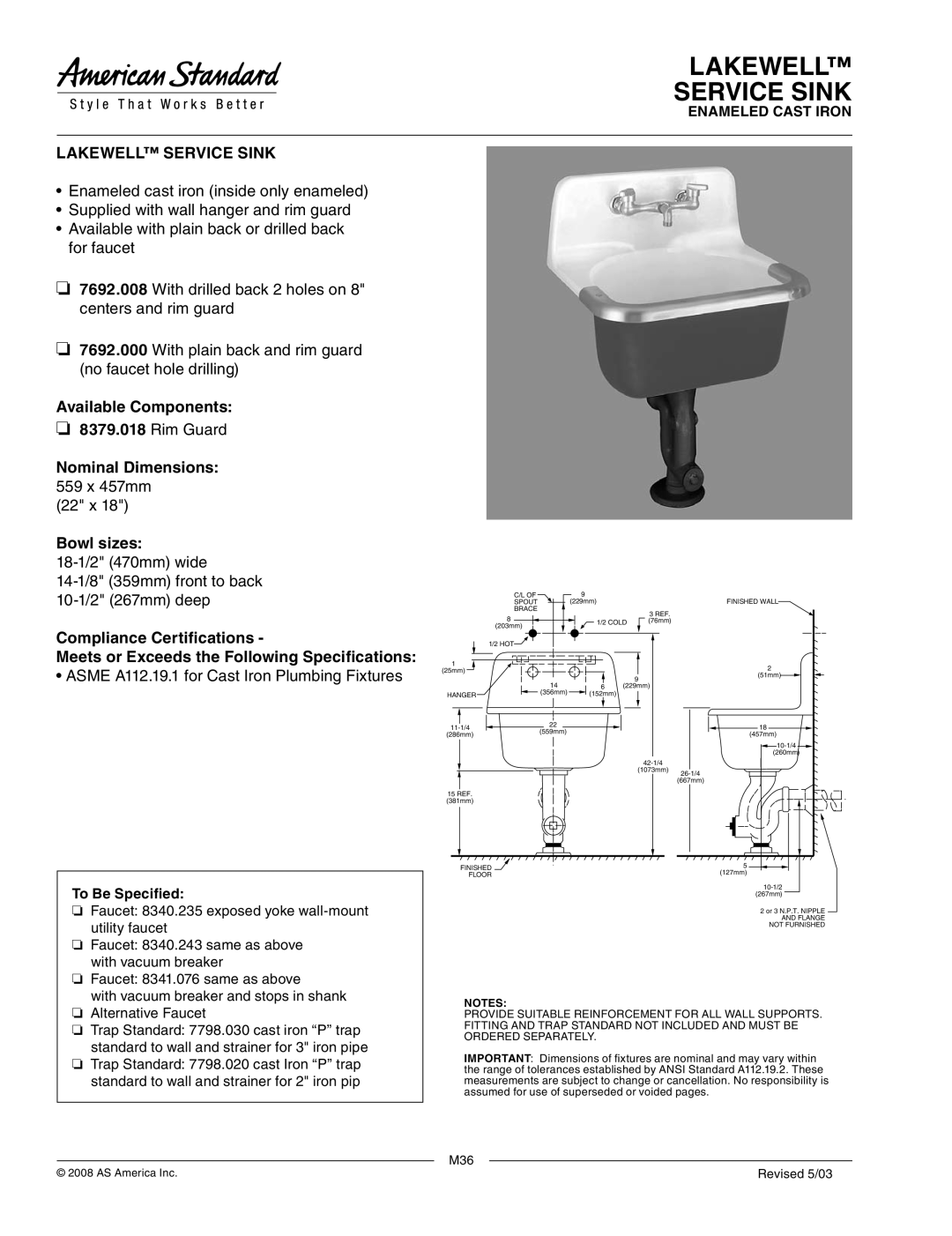 American Standard 7692.000 dimensions Lakewell Service Sink, 22 x, Asme A112.19.1 for Cast Iron Plumbing Fixtures 