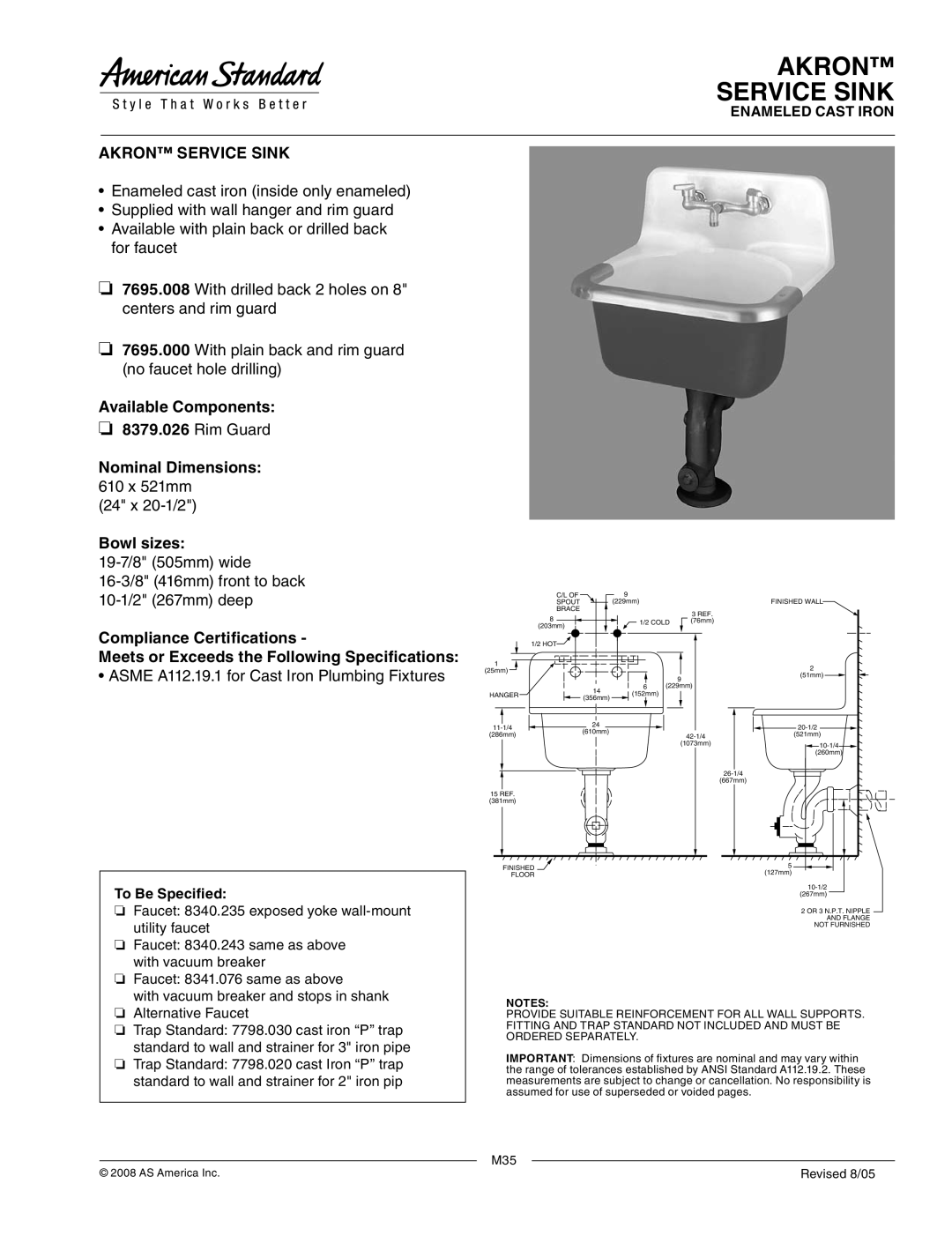 American Standard 7695.000 dimensions Akron Service Sink, 24 x 20-1/2, Asme A112.19.1 for Cast Iron Plumbing Fixtures 