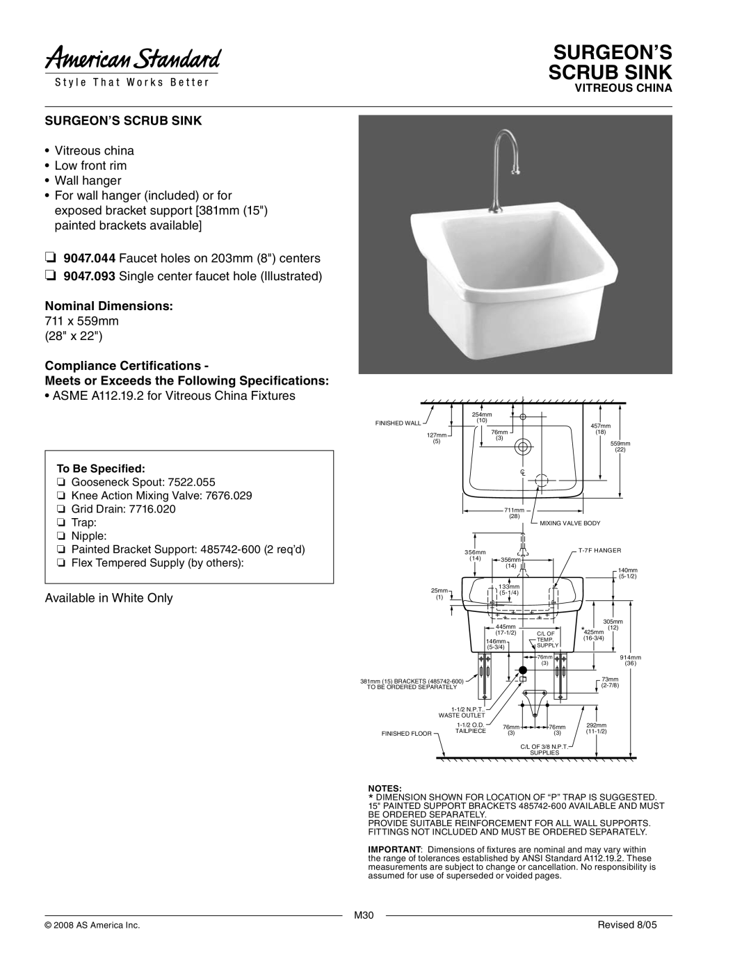 American Standard 7522.055, 7716.020 dimensions SURGEON’S Scrub Sink, 28 x, Asme A112.19.2 for Vitreous China Fixtures 