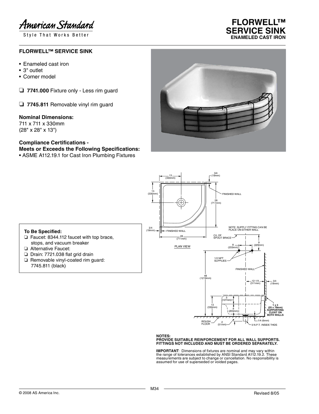 American Standard 7741.000 dimensions Florwell Service Sink, Asme A112.19.1 for Cast Iron Plumbing Fixtures, Plan View 