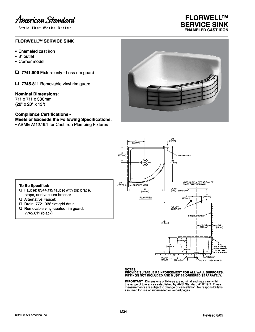 American Standard 7741.000 dimensions Florwell Service Sink, Enameled cast iron 3 outlet Corner model, Enameled Cast Iron 