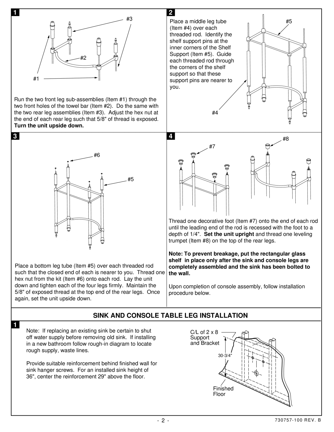 American Standard 7812.295, 7812.002 installation instructions Sink and Console Table LEG Installation 