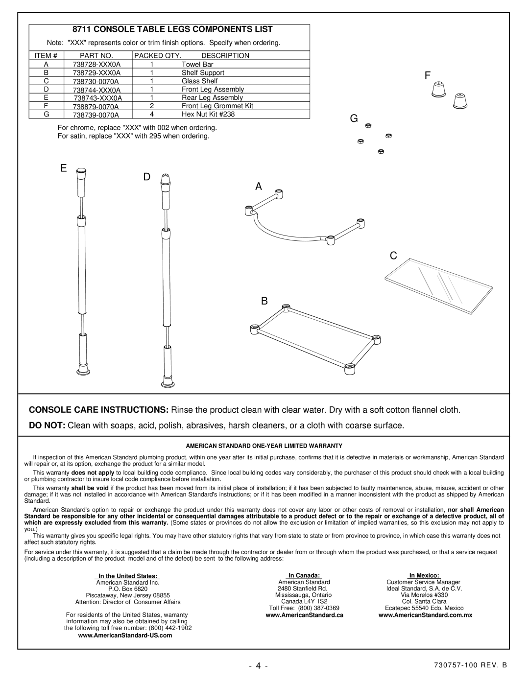 American Standard 7812.295, 7812.002 Console Table Legs Components List, Item # Packed QTY Description 