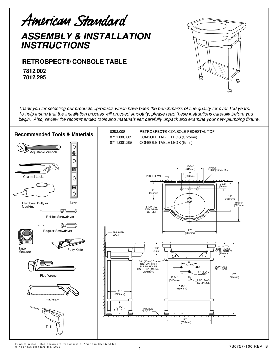 American Standard 7812.002 installation instructions Assembly & Installation Instructions, Retrospect Console Table 