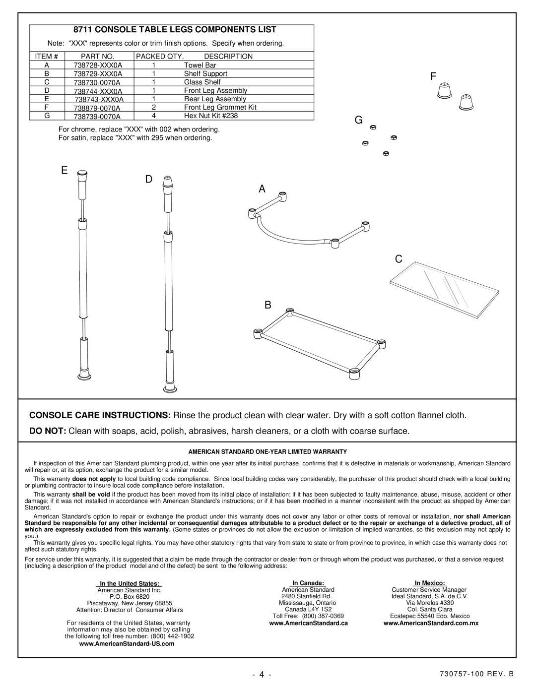 American Standard 7812.295, 7812.002 installation instructions E D A C B, Console Table Legs Components List 