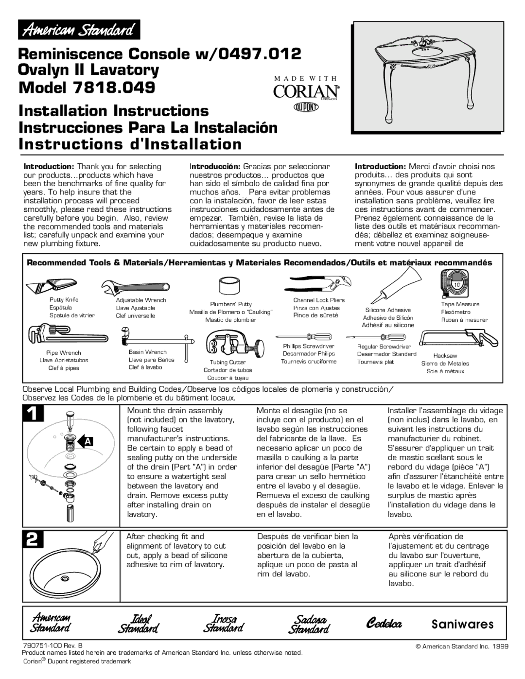 American Standard 7818.049 installation instructions Reminiscence Console w/0497.012 Ovalyn II Lavatory 