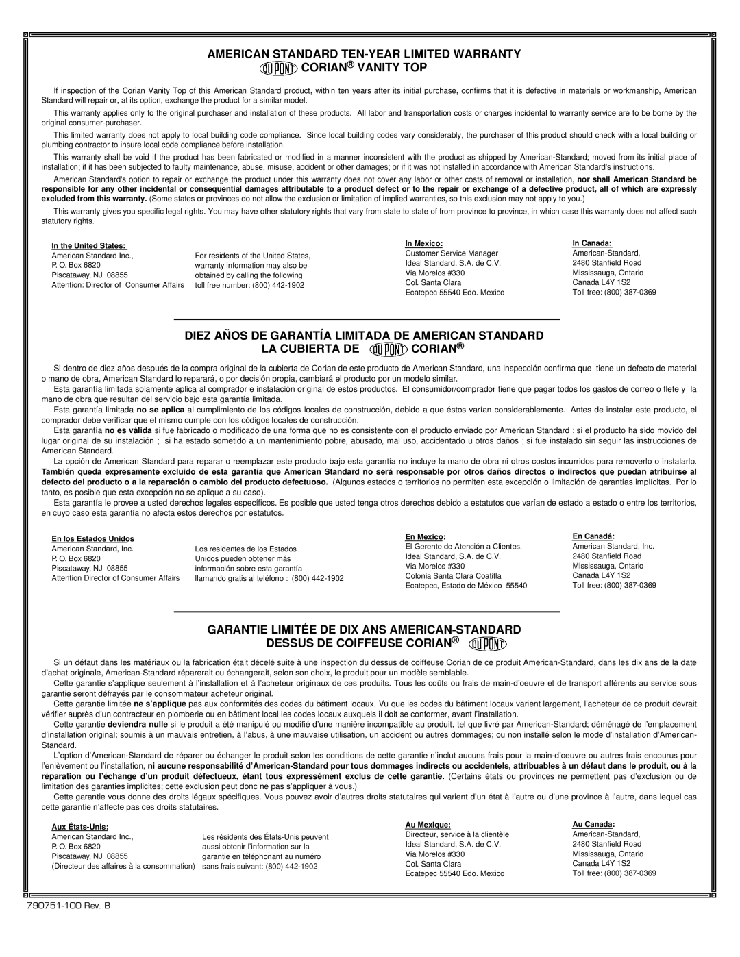 American Standard 7818.049 installation instructions Canada 