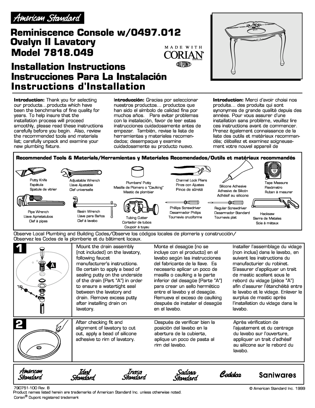 American Standard 7818.049 installation instructions Model, Saniwares 