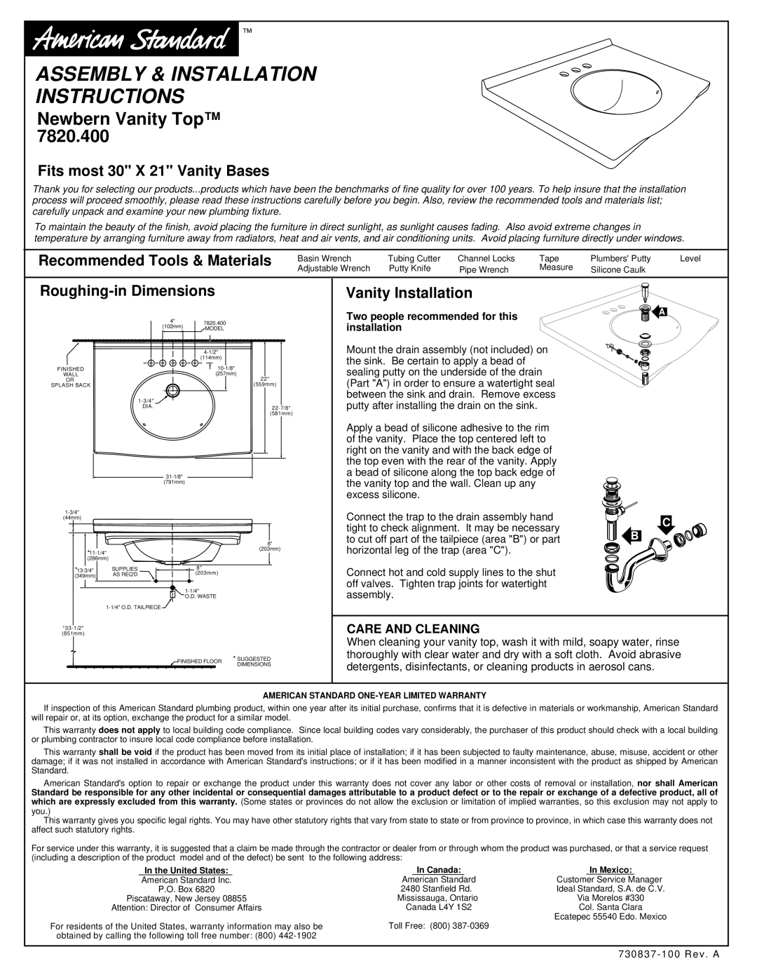 American Standard 7820.400 installation instructions Assembly & Installation Instructions, Newbern Vanity Top 