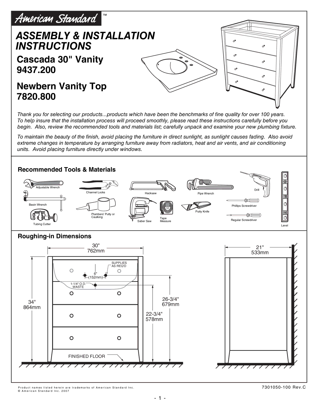 American Standard 9437.200, 7820.800 installation instructions Recommended Tools & Materials, Roughing-in Dimensions 