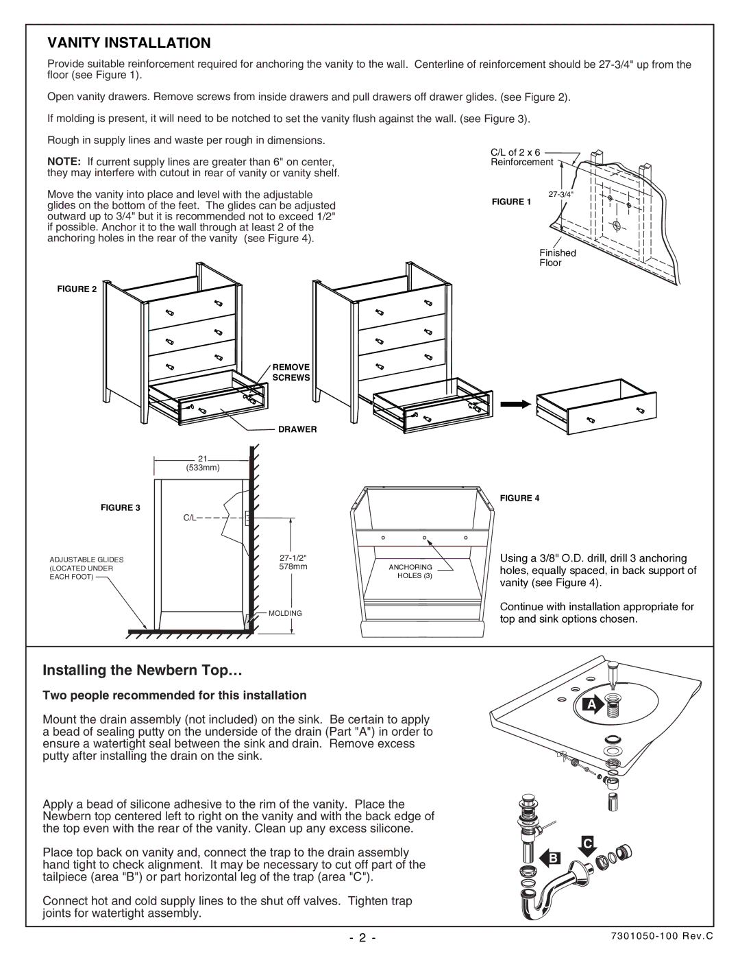 American Standard 7820.800, 9437.200 installation instructions Vanity Installation, Installing the Newbern Top… 