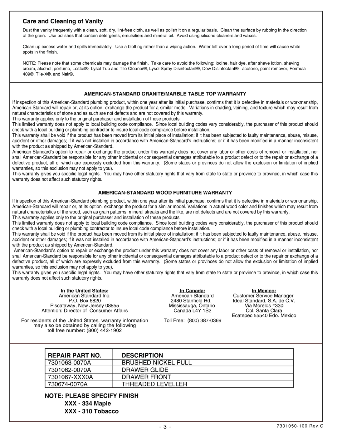 American Standard 9437.200 AMERICAN-STANDARD GRANITE/MARBLE Table TOP Warranty, AMERICAN-STANDARD Wood Furniture Warranty 