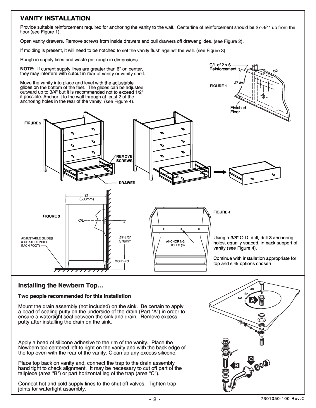 American Standard 7820.800, 9437.200 installation instructions Vanity Installation, Installing the Newbern Top…, A C B 