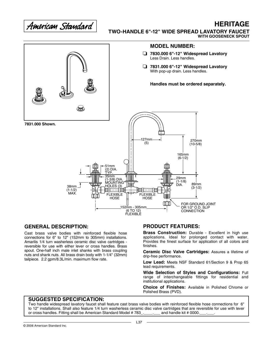 American Standard 7830.000, 7831.000 manual TWO-HANDLE 6-12 Wide Spread Lavatory Faucet, Model Number, General Description 