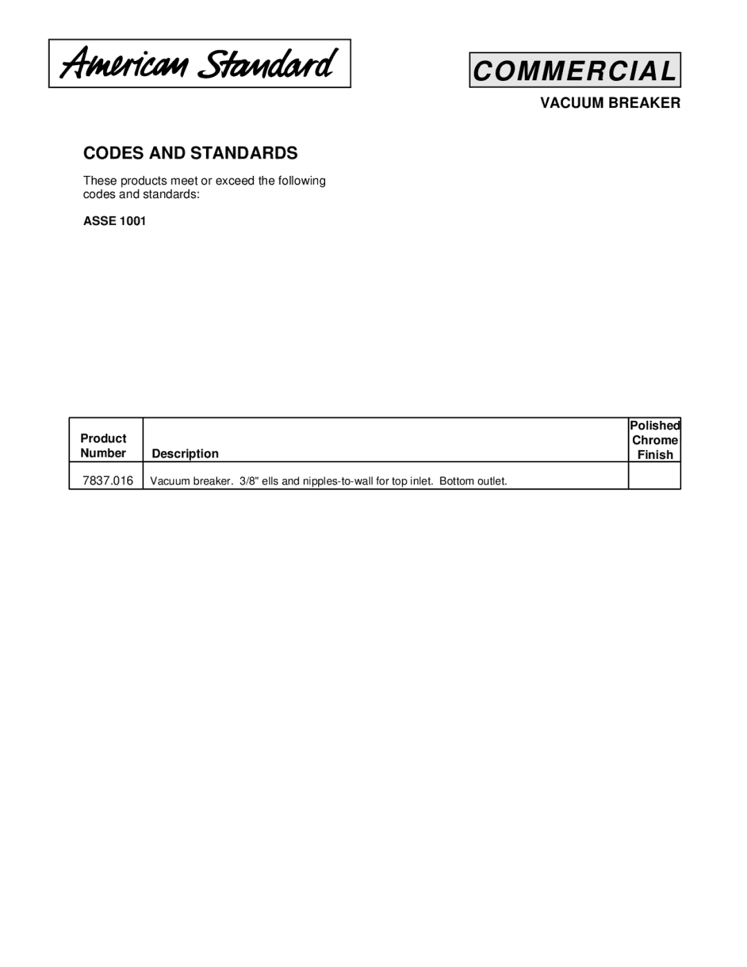 American Standard 7837.016 manual Codes and Standards, Vacuum Breaker 