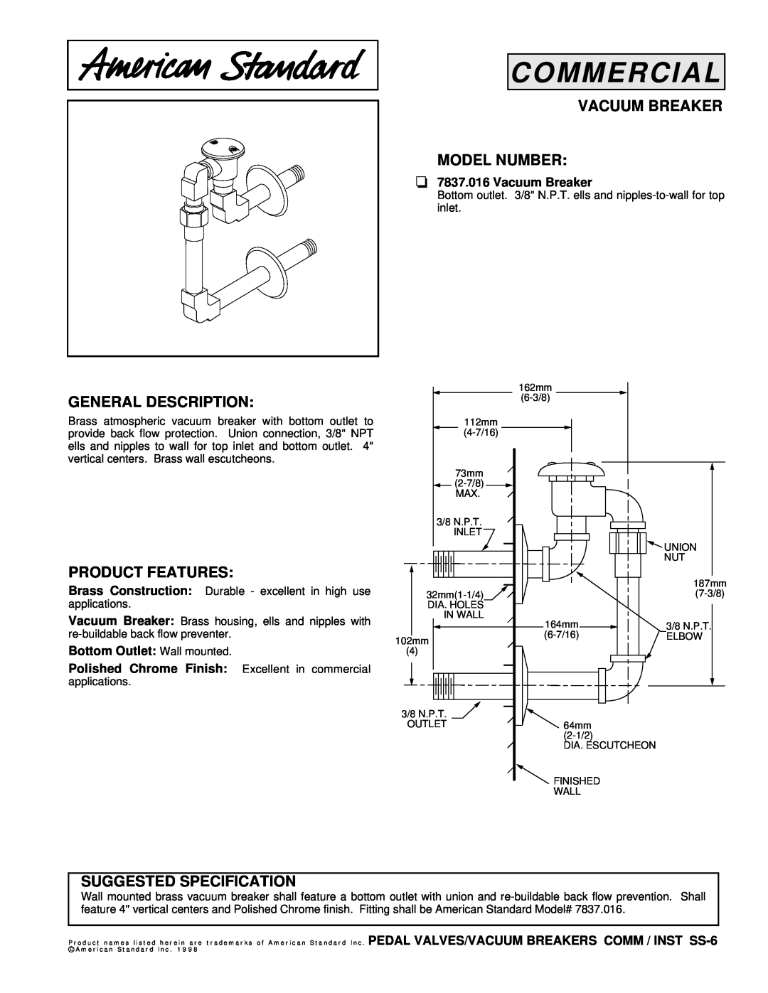 American Standard 7837.016 manual Commercial, Vacuum Breaker Model Number, General Description, Product Features 