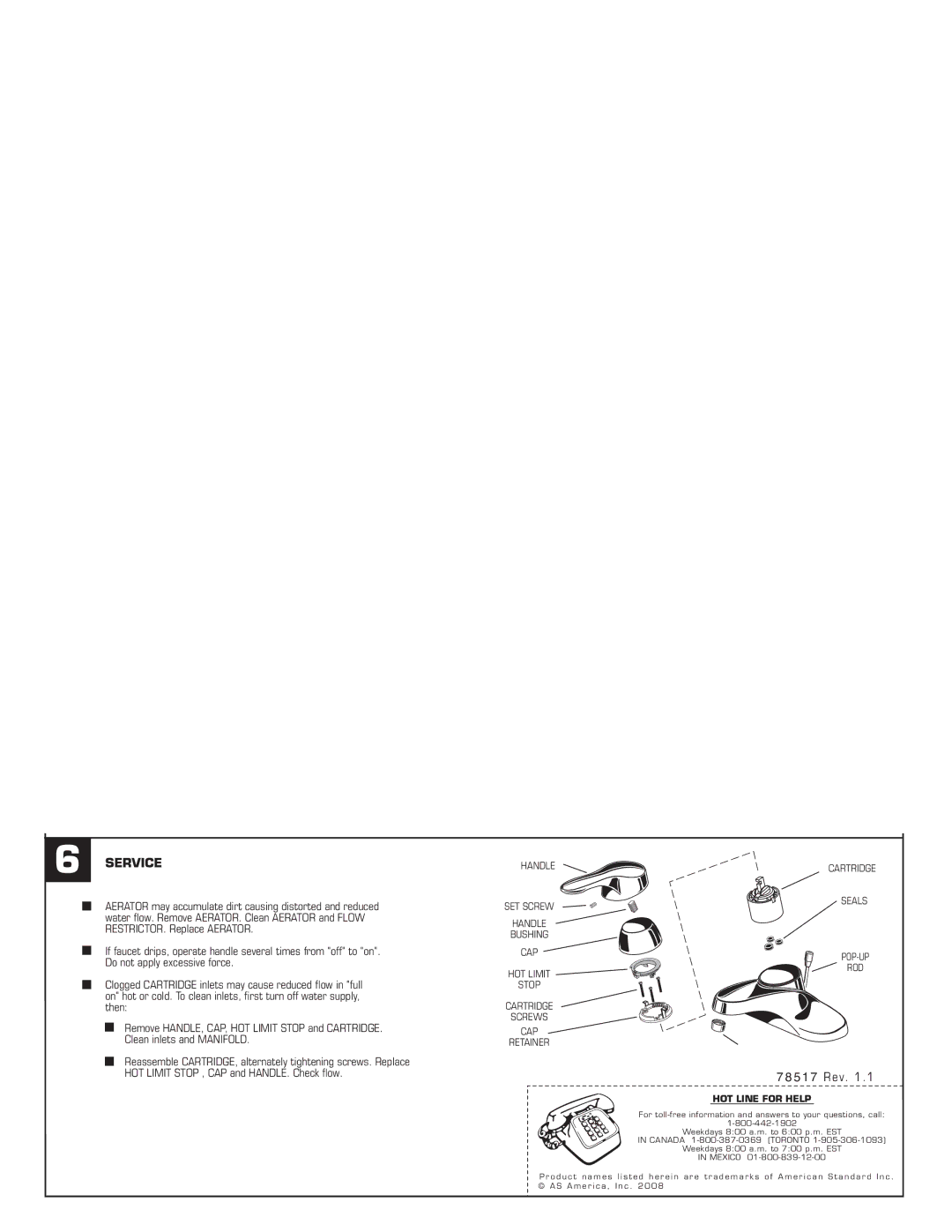 American Standard 78517 manual Service, 5 1 7 Rev, HOT Line for Help 