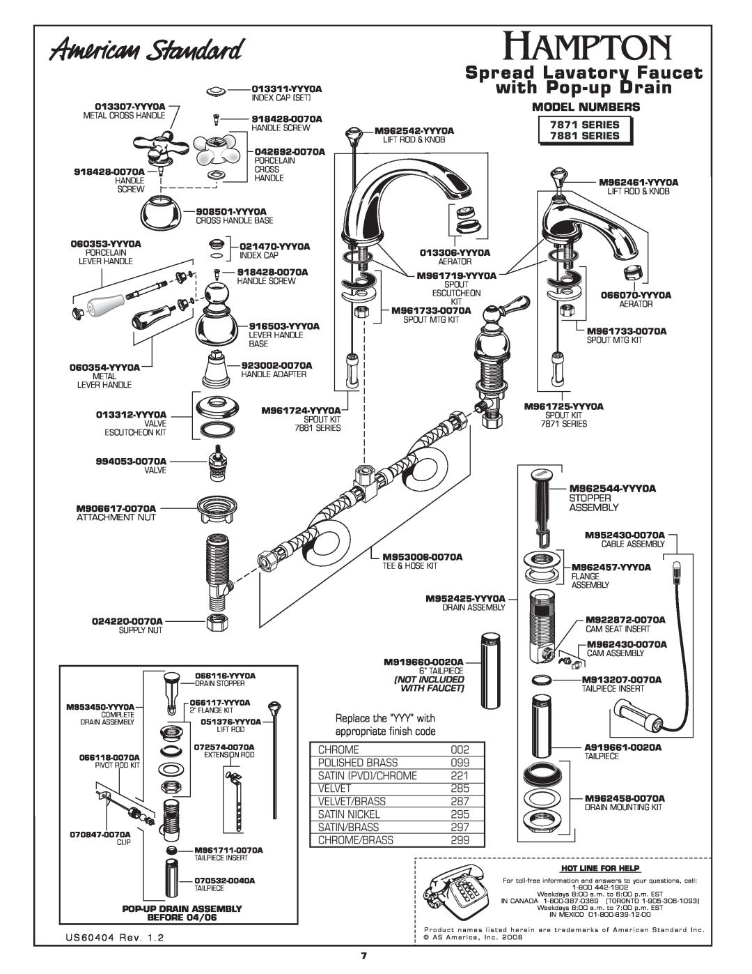 American Standard 7881 SERIES, 7871 SERIES manual Spread Lavatory Faucet with Pop-upDrain, Model Numbers 