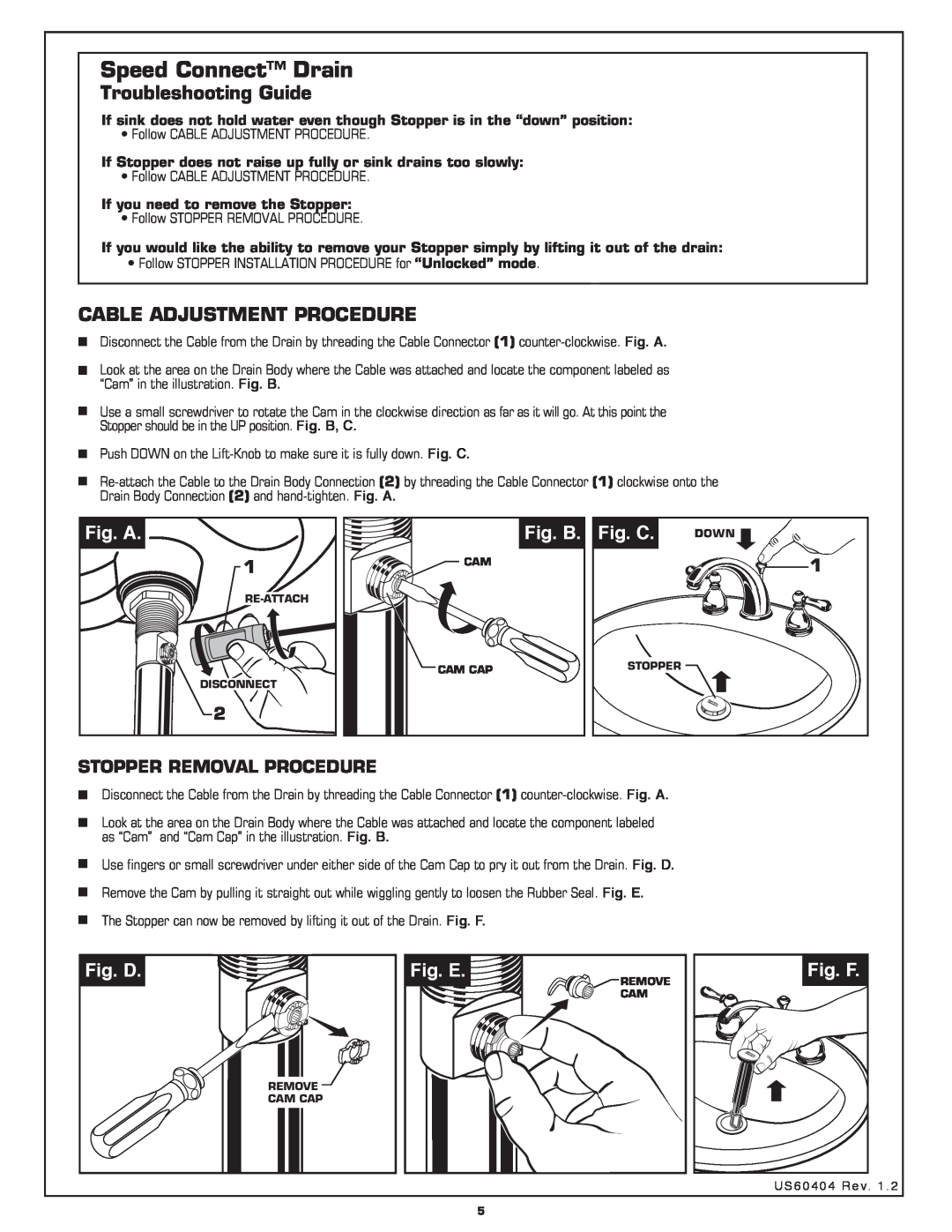 American Standard 7871.712 Troubleshooting Guide, Cable Adjustment Procedure, Fig. A, Fig. B, Fig. C, Fig. D, Fig. E 