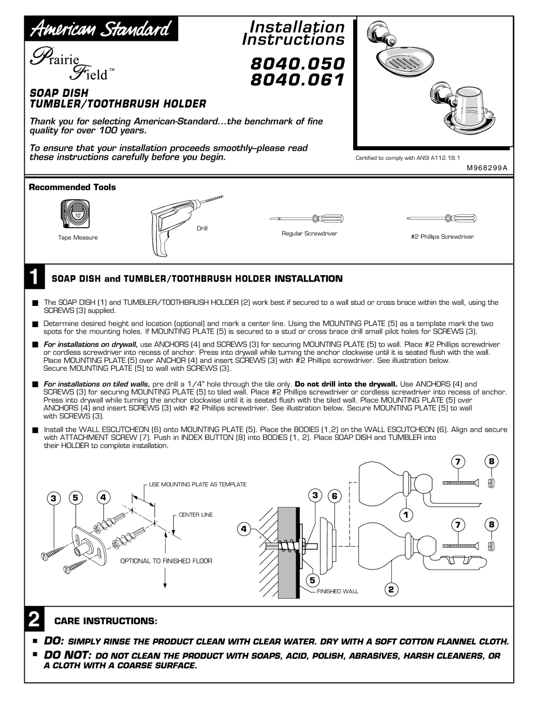 American Standard installation instructions 8040.050 8040.061, Soap Dish TUMBLER/TOOTHBRUSH Holder, Recommended Tools 