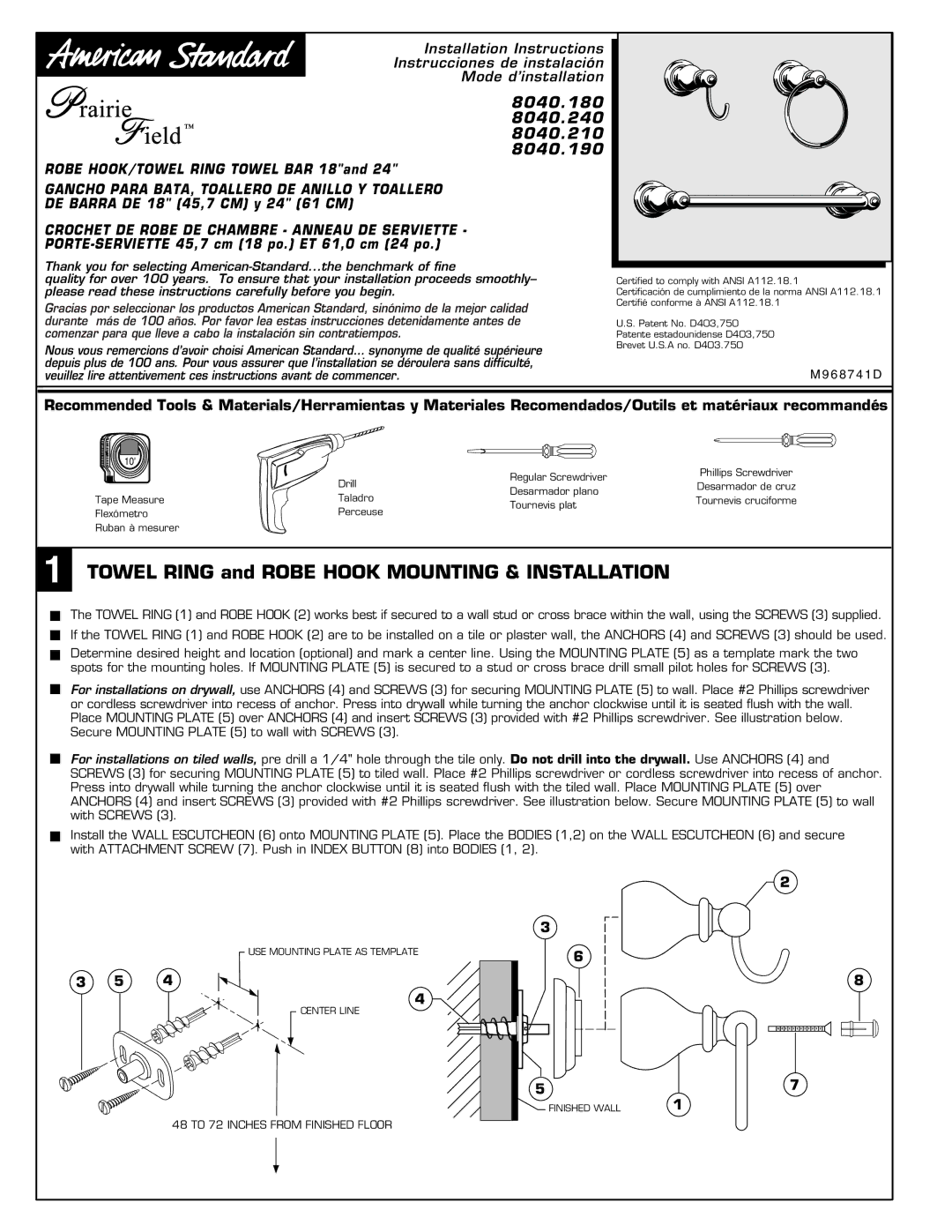 American Standard 8040.190, 8040.210, 8040.240 installation instructions Towel Ring and Robe Hook Mounting & Installation 