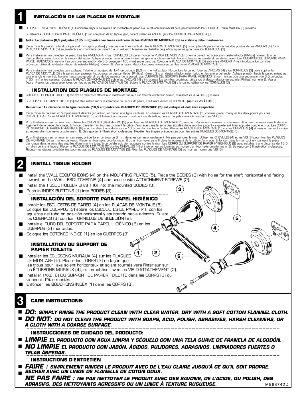 American Standard 8040.230 Instalación DE LAS Placas DE Montaje, Installation DES Plaques DE Montage, Care Instructions 