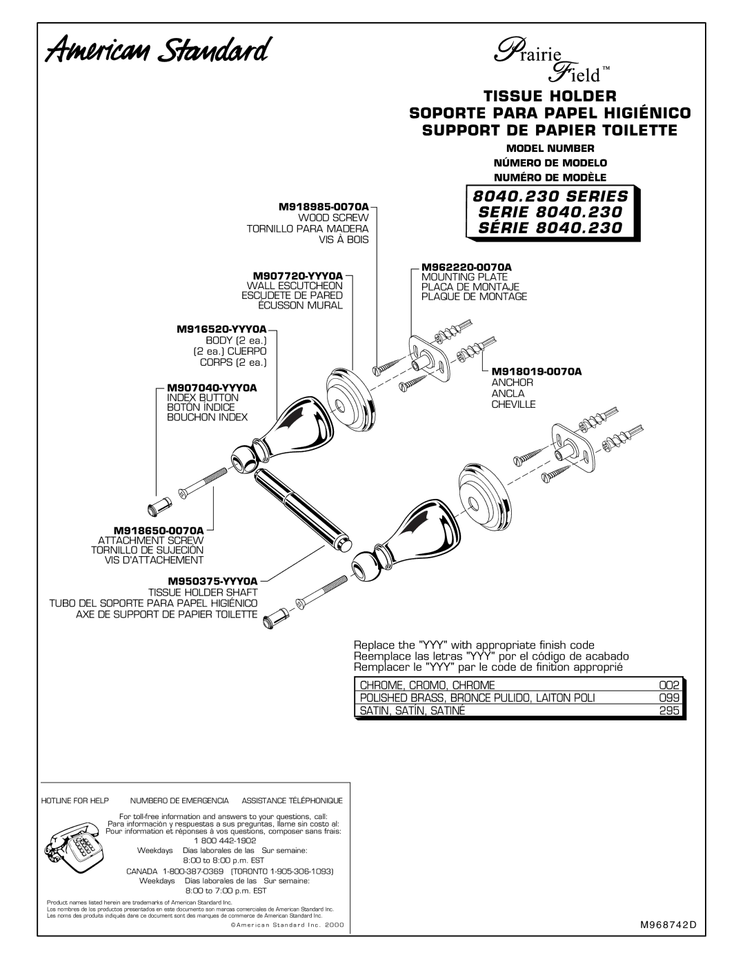 American Standard 8040.230 M918985-0070A, M907720-YYY0A, M916520-YYY0A, M907040-YYY0A, M918650-0070A, M950375-YYY0A 