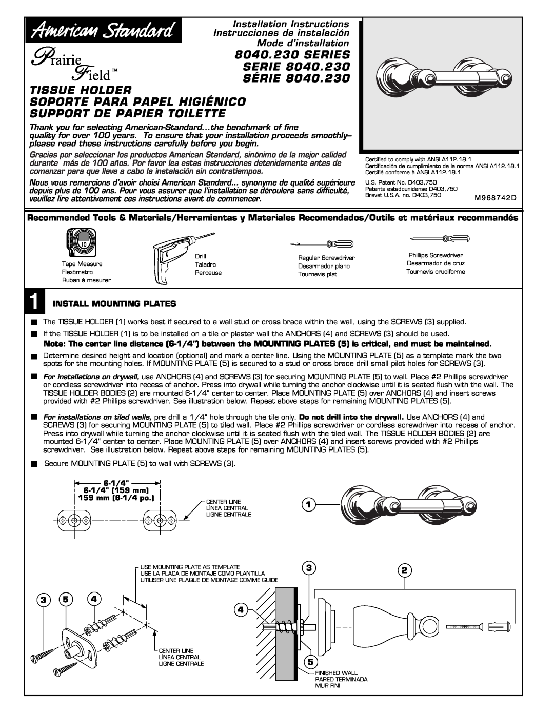 American Standard installation instructions SERIES SERIE 8040.230 SÉRIE, Tissue Holder, Installation Instructions 