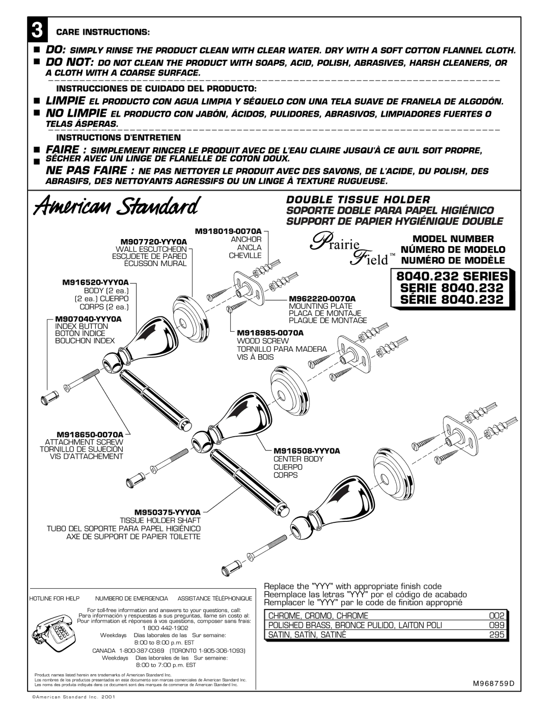 American Standard 8040.232 Series Serie 8040.232 Série, Care Instructions, Instrucciones DE Cuidado DEL Producto 