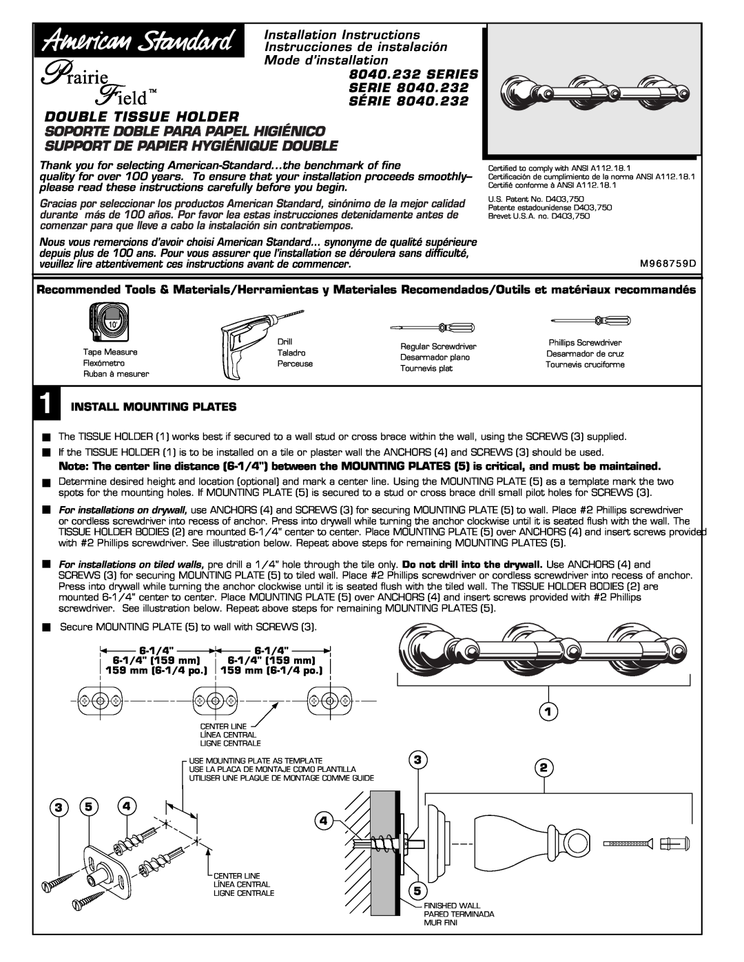 American Standard 8040.232 Series installation instructions Double Tissue Holder, Soporte Doble Para Papel Higiénico 