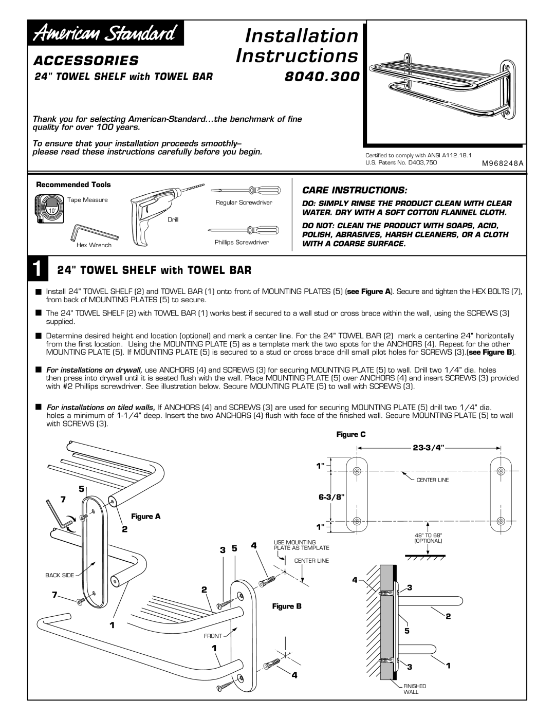 American Standard 8040.300 installation instructions Installation 