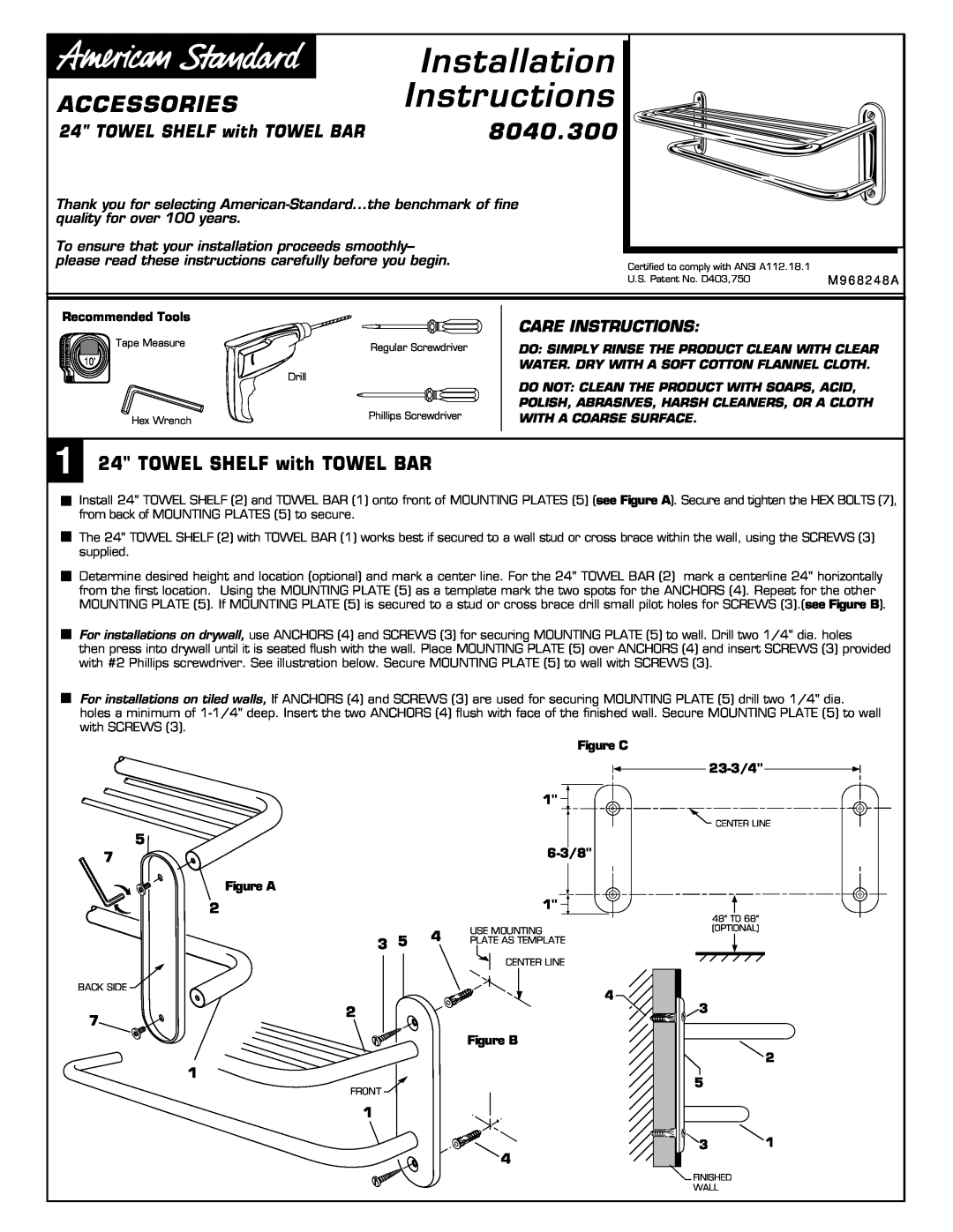 American Standard 8040.300 installation instructions Accessories, TOWEL SHELF with TOWEL BAR, Care Instructions, 6-3/8 