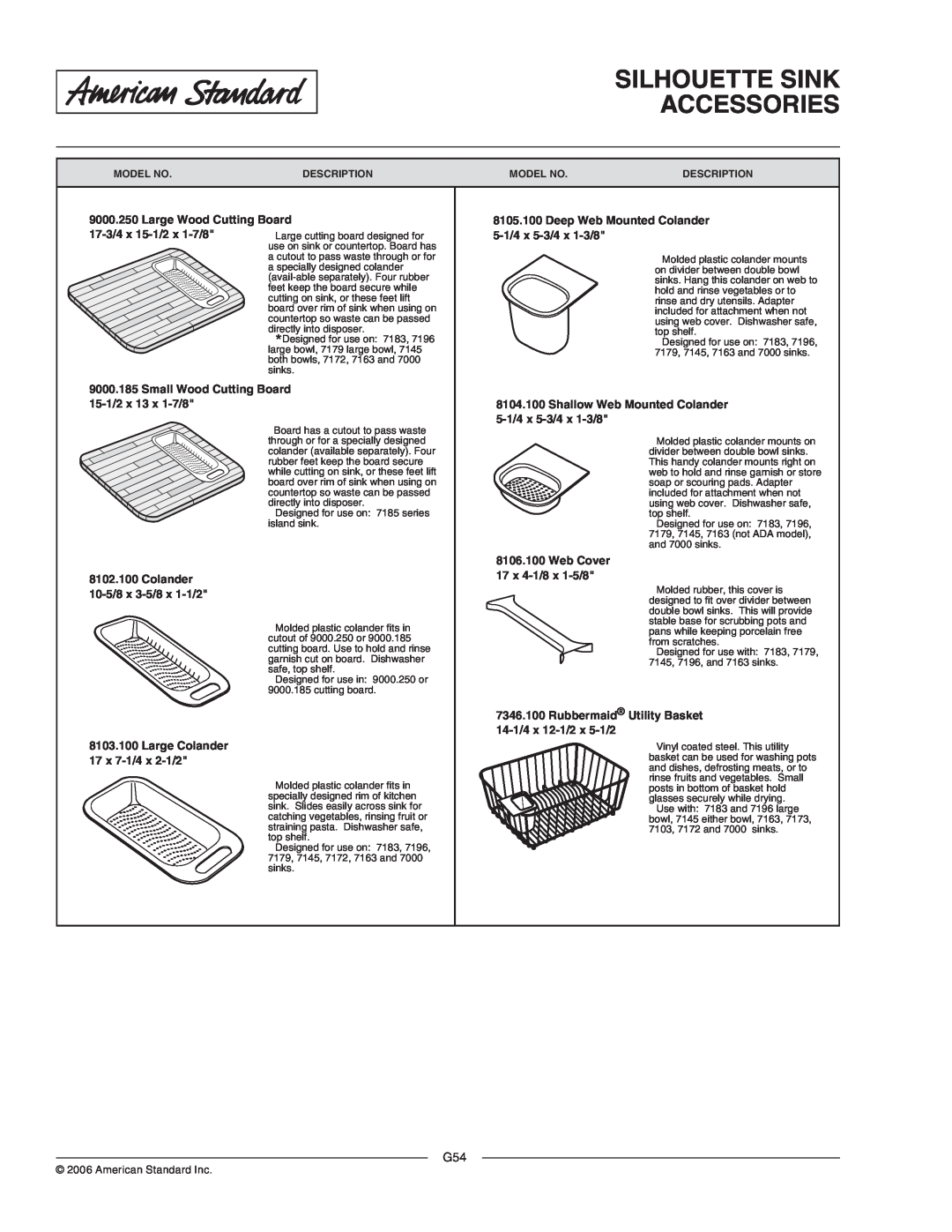 American Standard 8102.100, 8105.100, 8106.100, 8104.100, 7346.100, 9000.185, 9000.250 manual Silhouette Sink Accessories 
