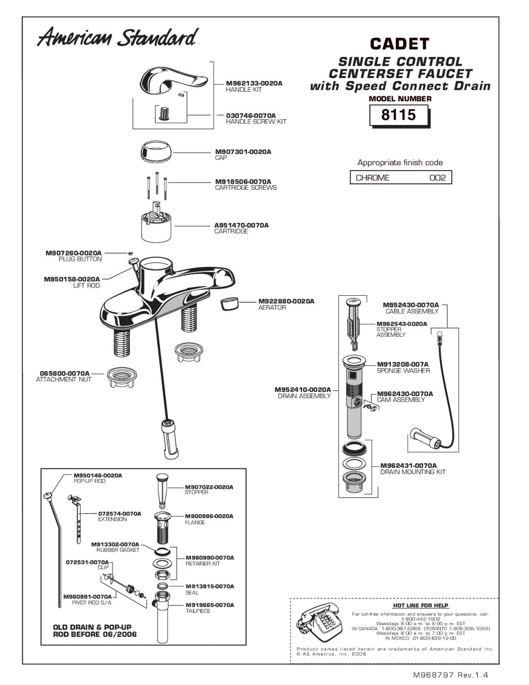 American Standard 8115 manual Chrome 