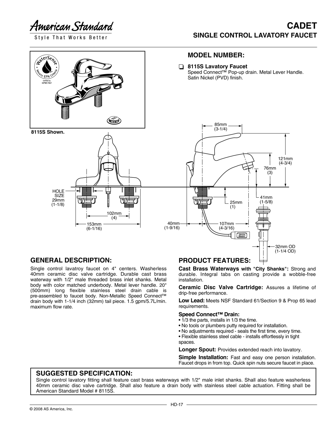 American Standard 8115S specifications Single Control Lavatory Faucet Model Number, General Description 