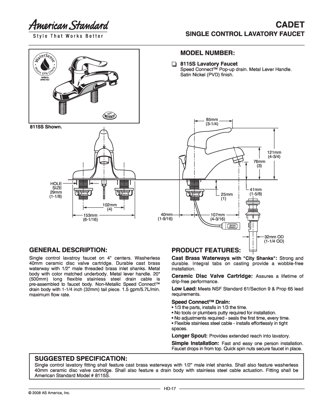 American Standard 8115S specifications Cadet, Single Control Lavatory Faucet Model Number, General Description 