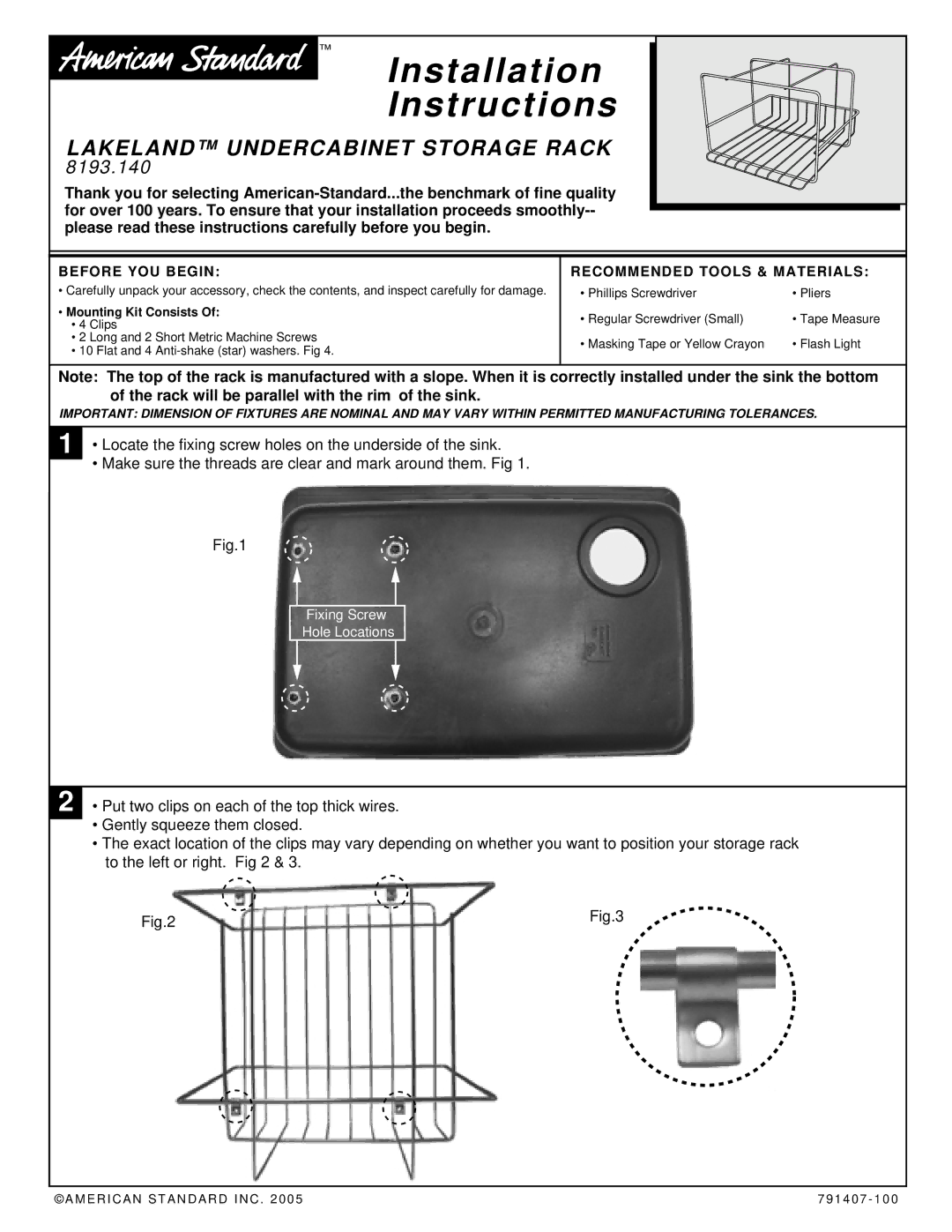 American Standard 8193.140 installation instructions Installation Instructions, Lakeland Undercabinet Storage Rack 