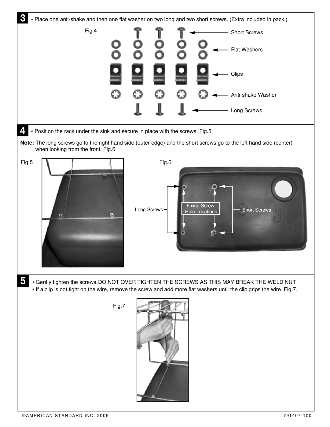 American Standard 8193.140 installation instructions Fixing Screw Hole Locations Short Screws 