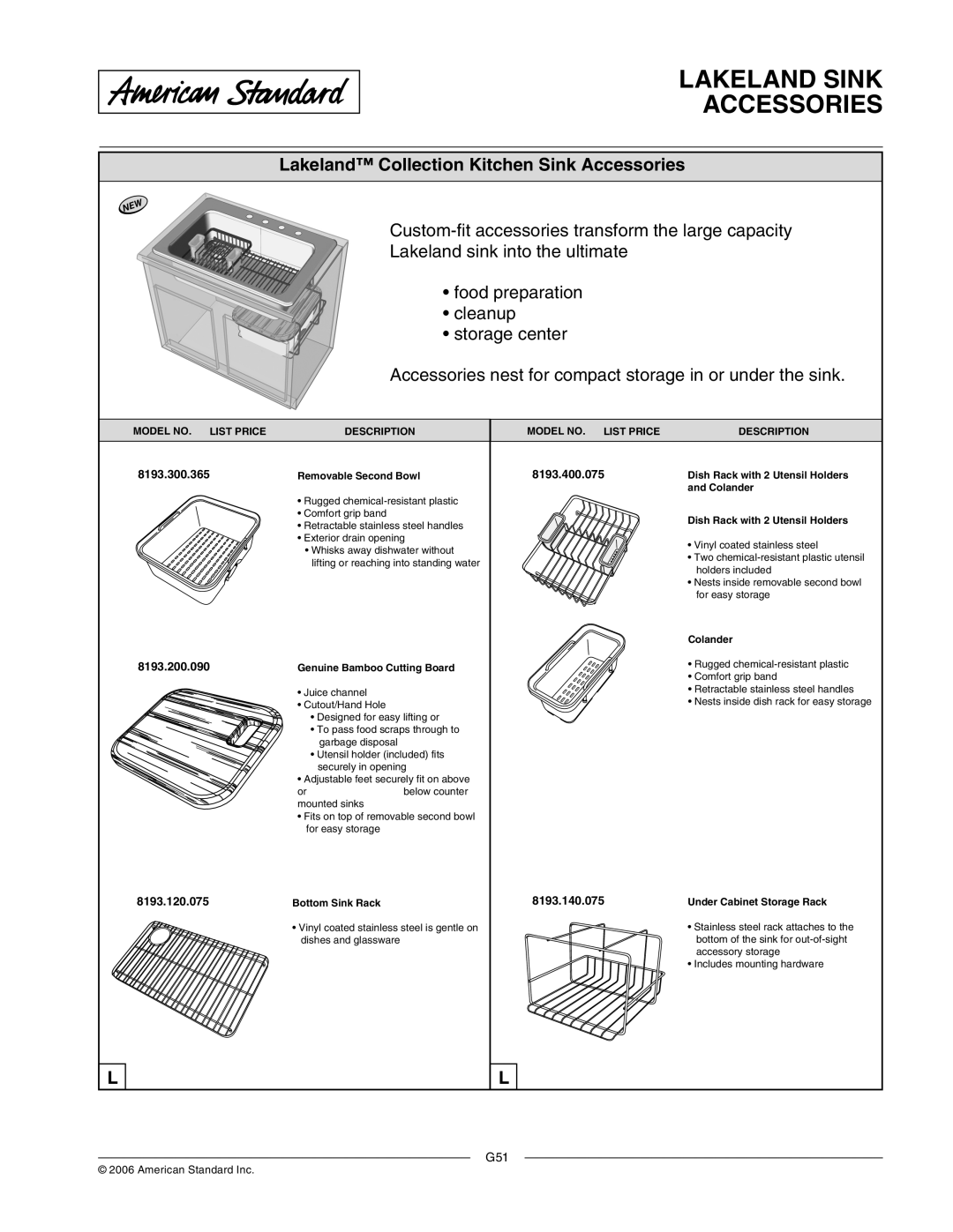 American Standard 8193.140.075 manual Lakeland Sink Accessories, Lakeland Collection Kitchen Sink Accessories 