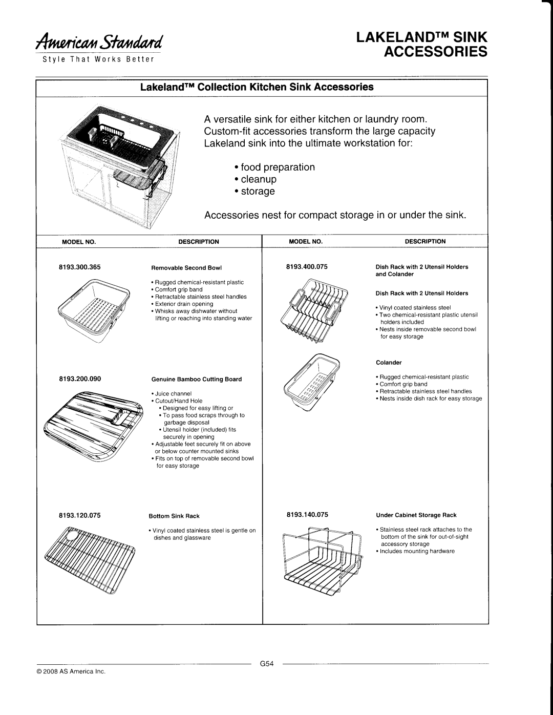 American Standard 8193.300.365 manual Ar%W, r4tnoncouSfanda,rdLAKELANDTMSINK, Accessories, foodpreparation cleanup storage 