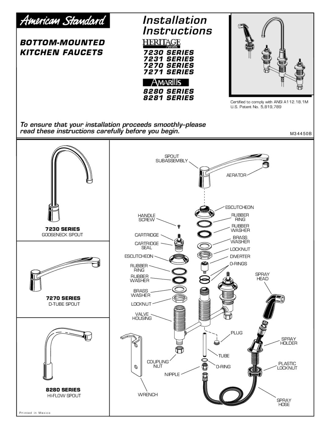 American Standard 8281, 8280 installation instructions Installation Instructions 