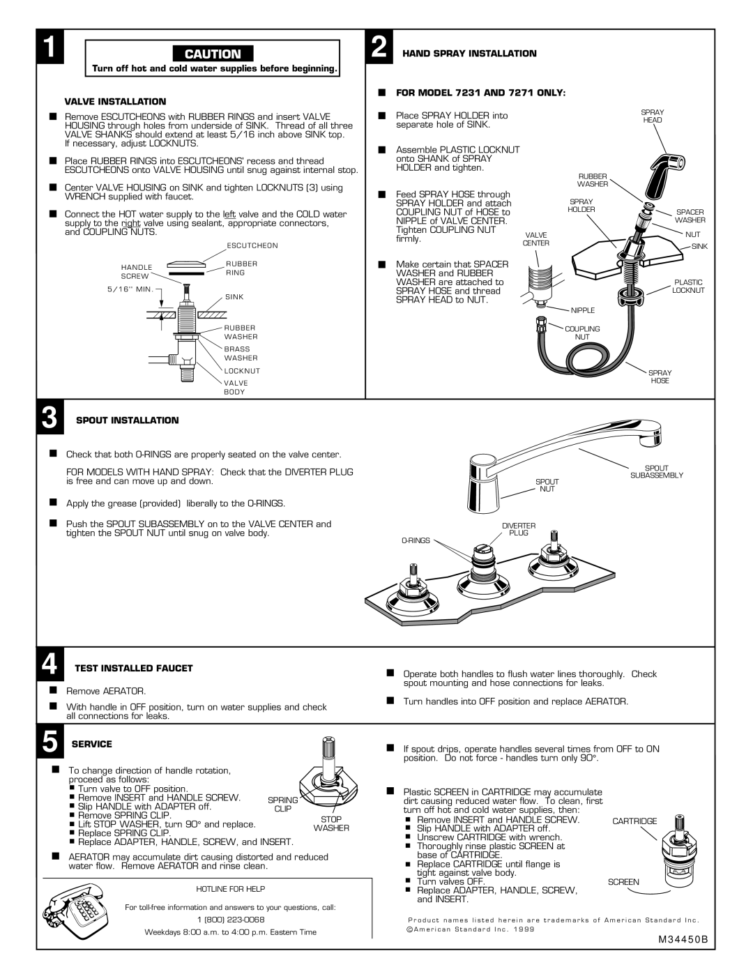 American Standard 8280, 8281 Valve Installation, Hand Spray Installation For Model 7231 and 7271 only, Spout Installation 