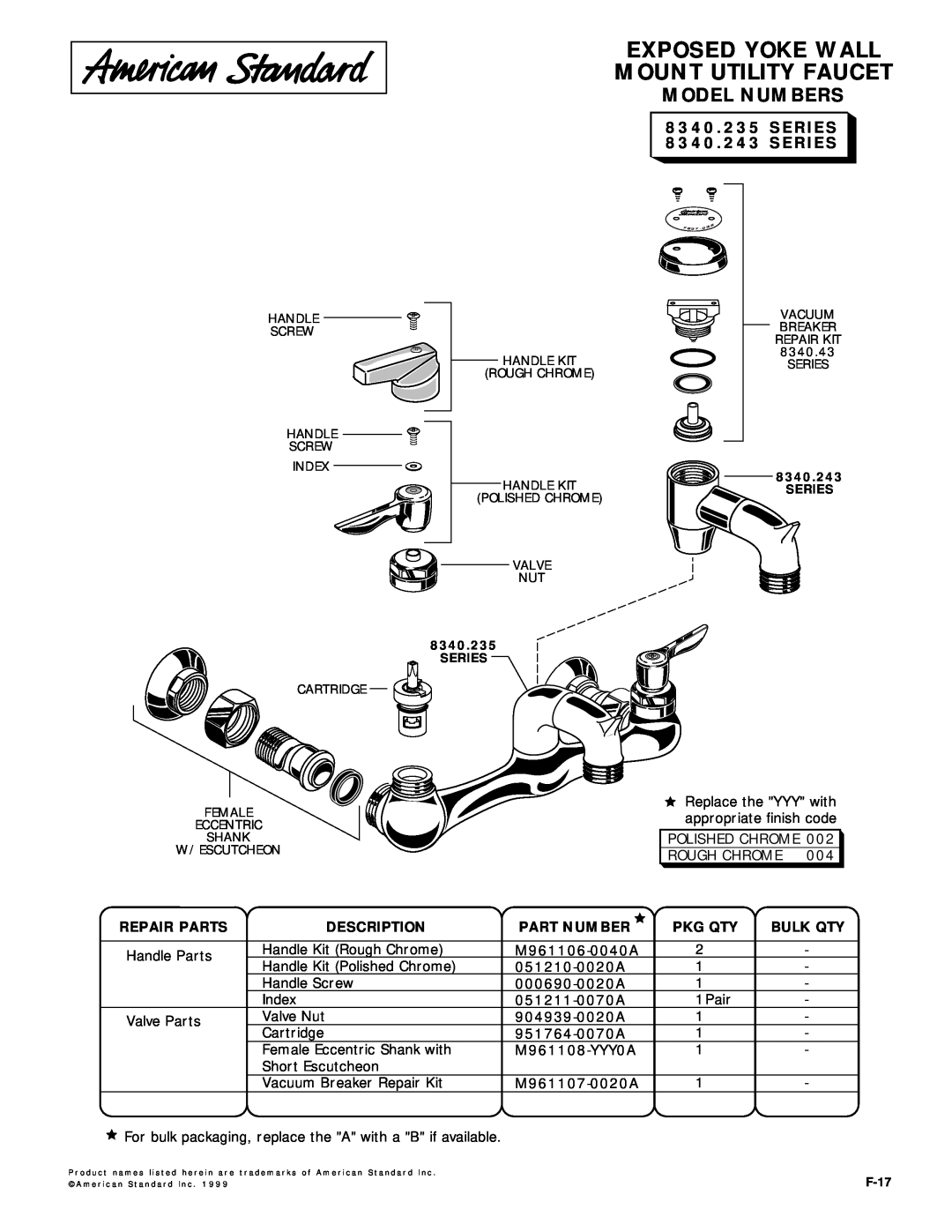 American Standard manual Exposed Yoke Wall Mount Utility Faucet, Model Numbers, SERIES 8340.243 SERIES, Repair Parts 