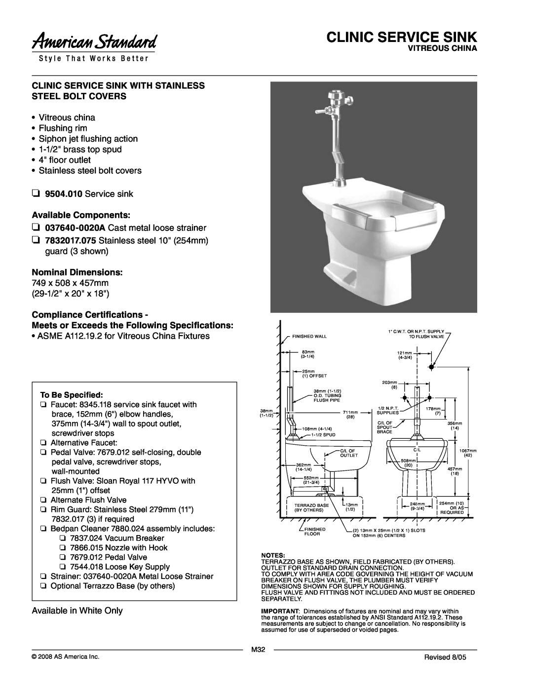 American Standard 8345.118 dimensions Clinic Service Sink, Vitreous china Flushing rim, Service sink, Available Components 