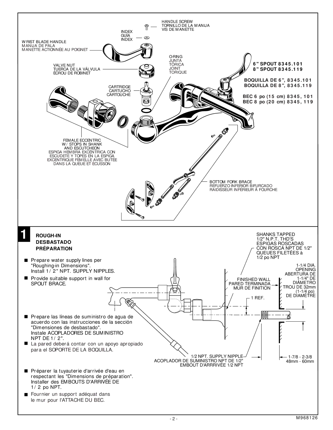 American Standard 8345.119, 8345.101 installation instructions ROUGH-IN Desbastado Préparation, Spout Brace 